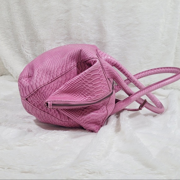 Charles Jourdan Croc Embossed Leather Satchel Bag in Bubblegum Pink - Picture 6 of 16